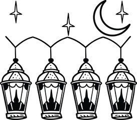 Hand drawn illustration of traditional islamic ramadan lanterns hanging in a row against a night sky with a crescent moon and stars creating a festive and celebratory atmosphere for religious holidays
