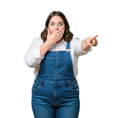 Surprised woman with hand over mouth and finger pointing, expressing shock or excitement against a transparent background