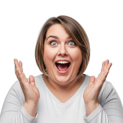 Joyful woman expressing excitement with open hands and smiling widely, celebrating a happy moment or achievement