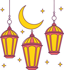 Hand drawn illustration of traditional islamic ramadan lanterns and a crescent moon surrounded by sparkling stars symbolizing the holy month of fasting and celebration