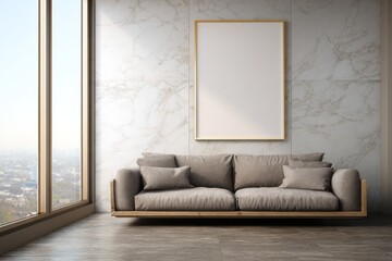 Modern living room with a sofa and large window.