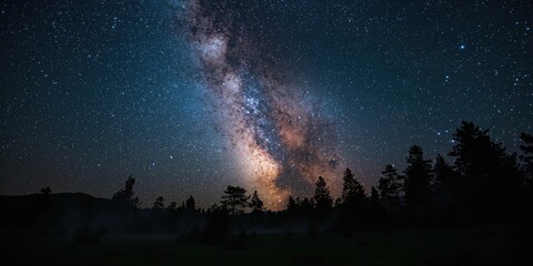 Obraz premium Nighttime woodland scene with galaxy's milky path overhead, celestial illumination during a clear night