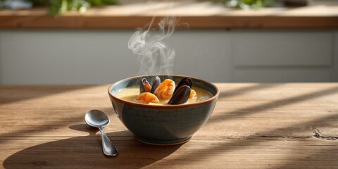 Obraz premium Creamy seafood soup with mussels and shrimp, highlighting rich textures for culinary presentation