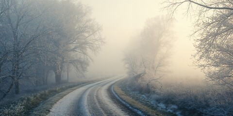 Misty winter rural landscape with trees coated in frost, highlighting seasonal preservation