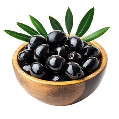 Fresh black olives with leaves on wooden bowl isolated on transparent background.