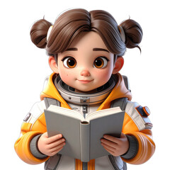 Young girl with brown hair in space suit reading a book, smiling with curiosity and wonder in a futuristic setting