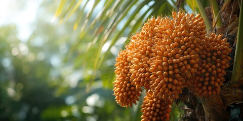 Obraz premium Bunches of palm oil on stems, highlighting harvesting techniques for sustainable production