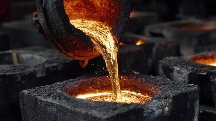 Detailed view of iron pouring from a crucible into a sand mold focusing on careful handling flow control and craftsmanship in metalworking.