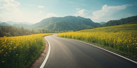 Fototapeta premium Winding asphalt road forming a sharp S-curve amid a field of wild Mexican daisies, highlighting transportation efficiency in natural settings