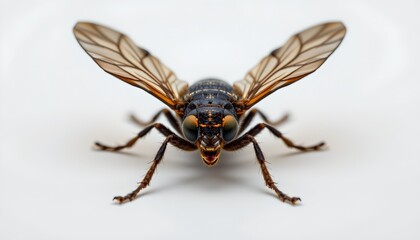 A close up photograph of an insect with an intricate exoskeleton, likely a bee due to its segmented legs and antenna, against a light background that highlights its features.
