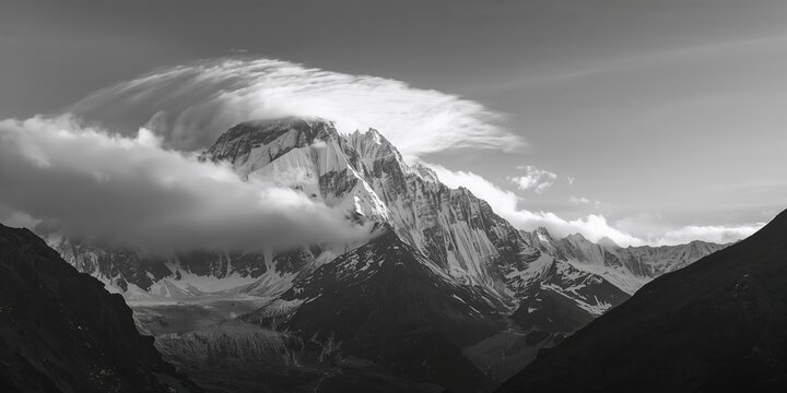 Black and white photo of Thamserku mountain peak in Nepal, erosion risk in mountain landscapes