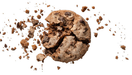 A fragmented baked good with chocolate chips explodes outward against a dark background