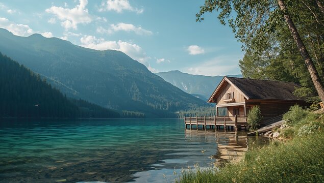 View of a lakeside wooden cabin on Ferchensee in Bavaria, highlighting traditional construction, seasonal change - Powered by Adobe