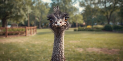 Australian emu with face and feather close-up in a natural outdoor environment, wildlife conservation