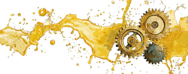 Dynamic liquid splash engulfing intricate interlocking gears
