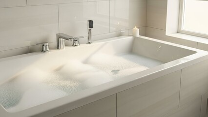 Modern bathtub filled with soap bubbles in a calm bathroom setup, ready for a luxurious bath and relaxation at home or spa.