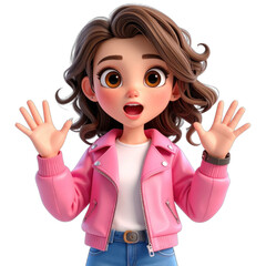 Excited Cartoon Character with Curly Hair Wearing Pink Jacket and Showing Enthusiasm with Hands Raised