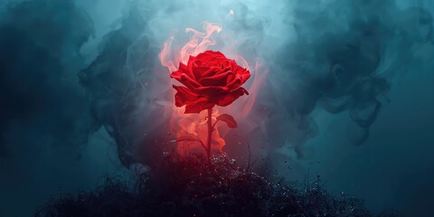 Fototapeta premium Red rose in bloom amid ashes and smoke, floral resilience and renewal