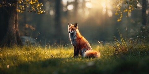 Fototapeta premium Fox in a forest setting captured vertically, highlighting wildlife scene and natural environment