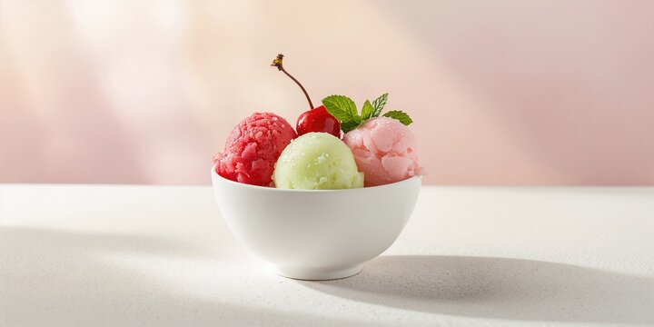 Fresh fruit ice cream sorbet in white bowl, natural ingredients and refreshing flavor, suitable for summer enjoyment