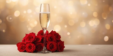 Champagne and red roses with bokeh, romantic celebration setting for Valentine's Day