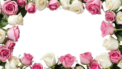 Pink and white roses form a decorative border against a black background
