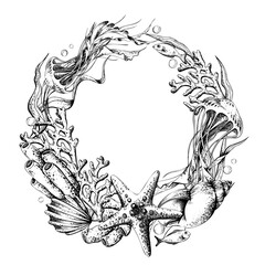 Underwater world round template frame wreath with coral, seaweed, fish, starfish, and jellyfish. Hand drawn line art illustration for textile, print, or invitation card. Outline graphic vector