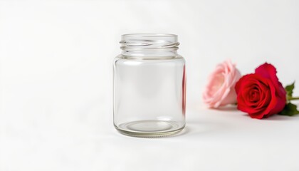 A clear glass jar with a red rose in front of it is displayed against a plain background.
