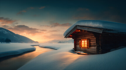 Rustic Wooden Cabin Beside Frozen River Illuminated By Warm Window Light At Winter Sunset, Peaceful Snow Landscape With Cozy Glow And Serene Mountain Horizon