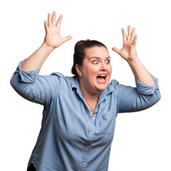 Woman Expressing Anger and Frustration with Hands Raised in a Dramatic Gesture Against a Neutral Background