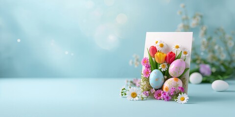 Colorful decorated eggs and fresh flowers on a greeting card for Easter, spring floral motif, festive message, Easter holiday
