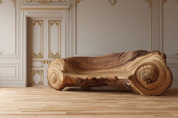 Unique log bench with rustic charm sits in a grand room.