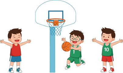 Three cheerful young boys enthusiastically playing basketball and attempting a shot at the hoop, symbolizing sports, teamwork, and healthy childhood fun © NURUL