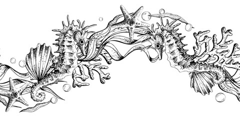 Seamless border pattern with hand drawn seahorse, starfish, sea bubbles, coral, shell, underwater world ornament, graphic sketch, for marine life design. Outline graphic illustration