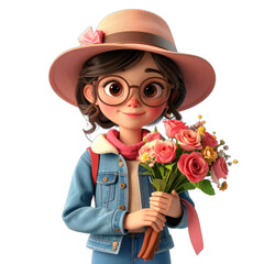 Cheerful girl with glasses holding a bouquet of colorful flowers in a stylish outfit and pink hat against a white background