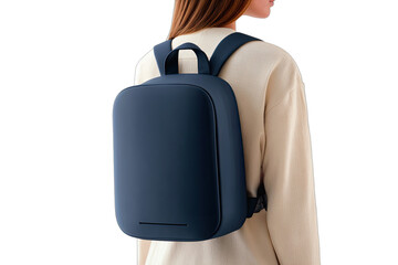 A person wearing a minimalist, dark blue backpack with clean lines on a white background
