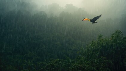Tropical bird in flight above rainforest during downpour, emphasizing wildlife resilience, World Bird Day