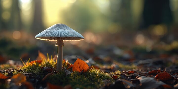 Small grey mushroom with umbrella-shaped cap serving as a decorative element for botanical layouts, World Mushroom Day