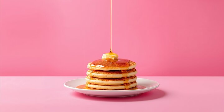 Stack of pancakes with golden syrup set against a vibrant pink background used as a header image, food presentation