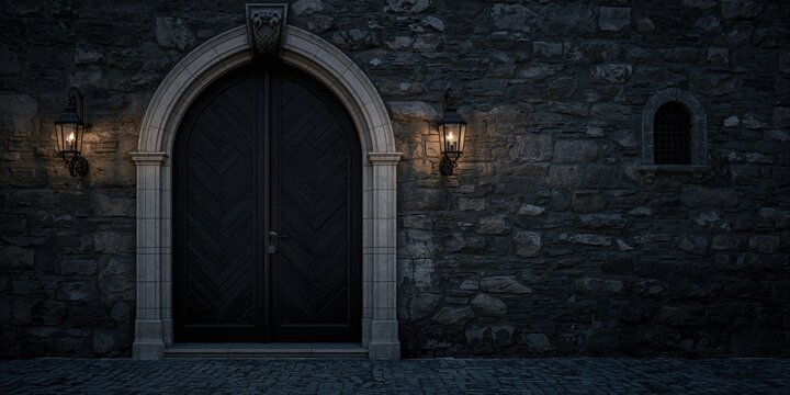 Black wooden door with a chevron pattern set in an arched stone entrance, architectural detail historic masonry, preservation awareness day - Powered by Adobe