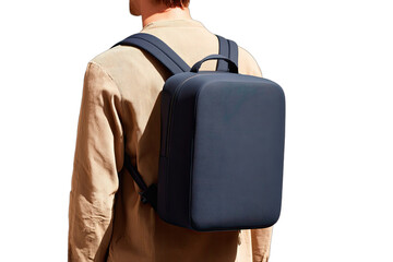 Person wearing a dark, minimalist backpack on a sunny day