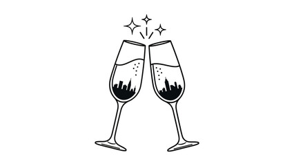 Two champagne glasses clinking together with bubbles and stars on white background