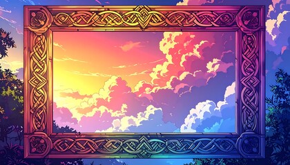 Elaborate, ornate frame surrounds a vivid sunset sky with fluffy clouds, seen through lush greenery