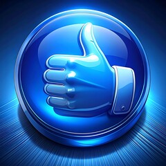 Glossy, digital art shows a blue thumb up, encased in a circular blue badge, over a radial-blur blue background