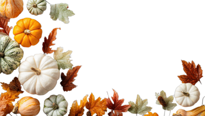 Autumn gourds and colorful fall leaves arranged in a corner frame
