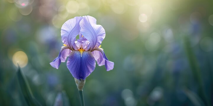 Single Iris pallida bloom in a spring garden setting, highlighting floral structure