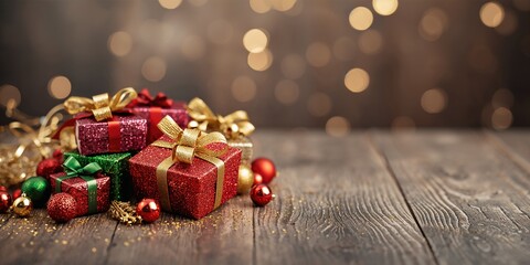 Colorful gift boxes wrapped in glittery paper, suitable for festive celebrations or holiday gifting season