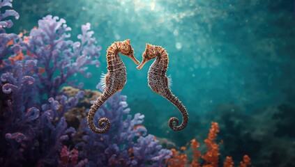 Seahorses in motion within a vibrant underwater environment, highlighting marine biodiversity
