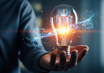A hand presenting a glowing light bulb with digital connections and bright energy