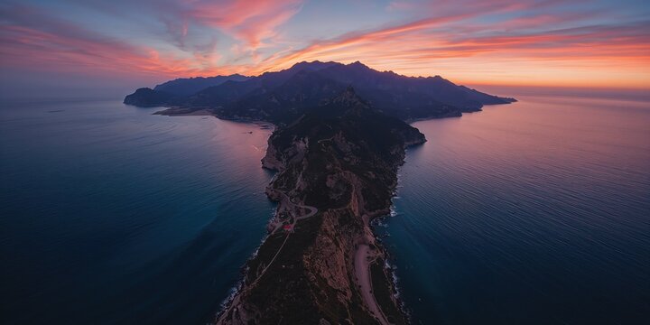 Birds-eye perspective of an extensive shoreline with inlets facing the Mediterranean Sea during sunset, focusing on erosion preservation, Earth Day